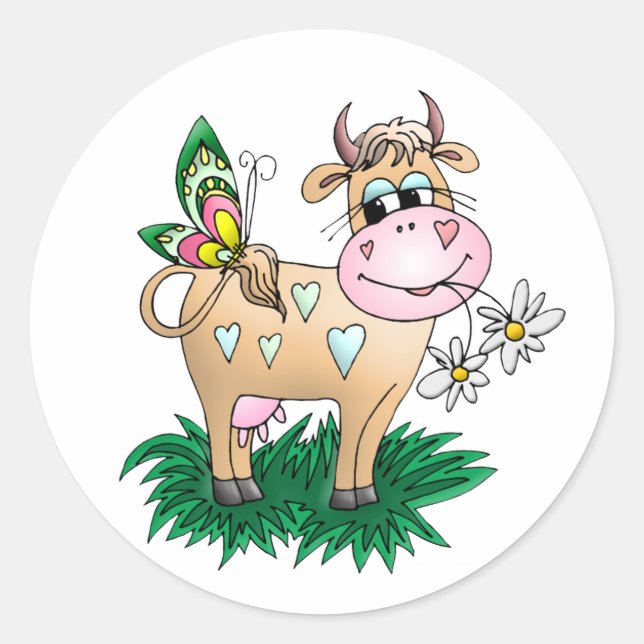 Cute Cow & Butterfly Classic Round Sticker (Front)