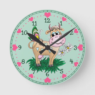 Cute Cow & Butterfly Hearts Round Clock