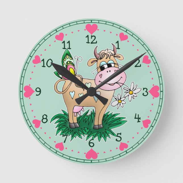 Cute Cow & Butterfly Hearts Round Clock (Front)