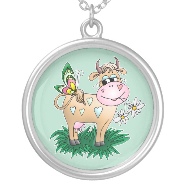 Cute Cow & Butterfly Silver Plated Necklace (Front)