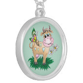 Cute Cow & Butterfly Silver Plated Necklace (Front Left)
