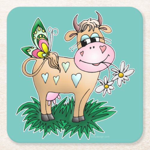 Cute Cow  Butterfly Square Paper Coaster