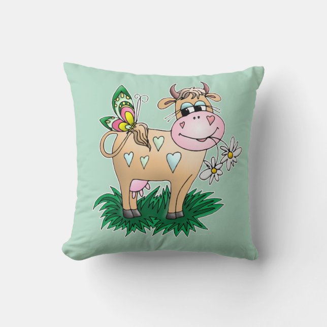 Cute Cow & Butterfly Throw Pillow (Front)