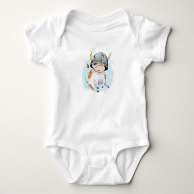 Cute Cow Calf in Viking Helmet Baby Bodysuit (Front)