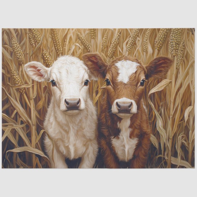 Cute Cow Calves Corn Field Decoupage Tissue Paper (Front)