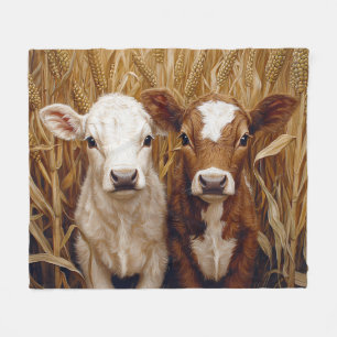 Cute Cow Calves Corn Field Fleece Blanket