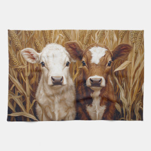 Cute Cow Calves Corn Field Kitchen Towel