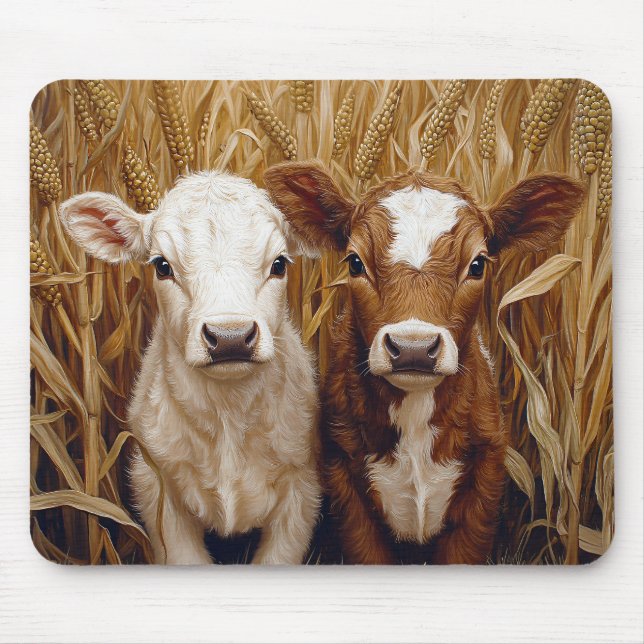 Cute Cow Calves Corn Field Mouse Pad (Front)