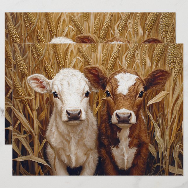 Cute Cow Calves Corn Field Scrapbook Paper (Front/Back)