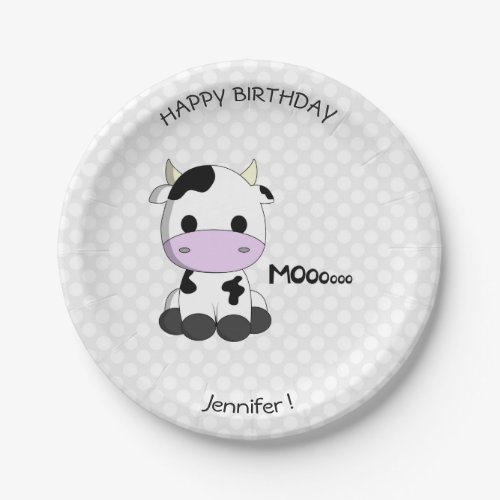 Cute cow cartoon birthday name kids paper plates
