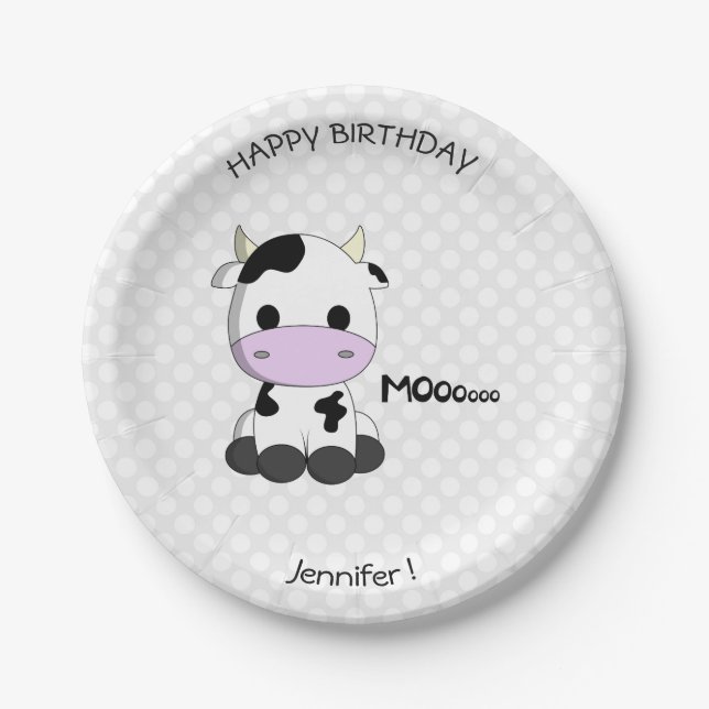 Cute cow cartoon birthday name kids paper plates (Front)