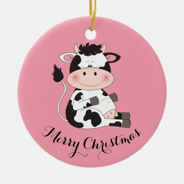Cute Cow Cartoon Ceramic Ornament (Front)