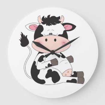 Cute Cow Cartoon Large Clock by HeeHeeCreations at Zazzle