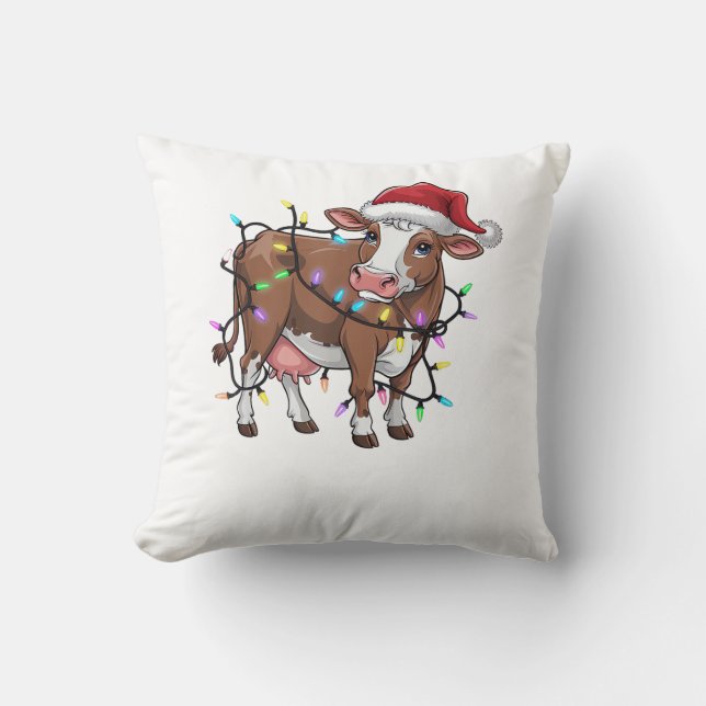 Cute Cow Christmas Light Reindeer Santa Christmas  Throw Pillow (Front)