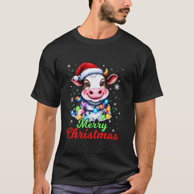 Cute Cow Christmas Lights Kids Women Farm Animal L T-Shirt (Front)
