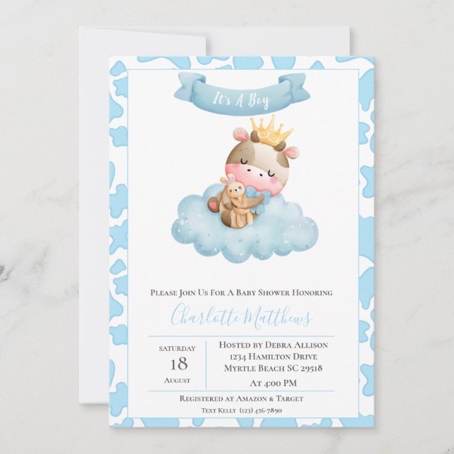 Cute Cow Cloud Balloons Baby Shower Invitation (Front)