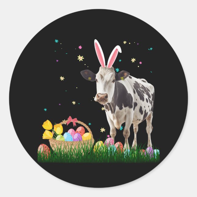 Cute Cow Easter Day With Bunny Ear Eggs Easter Cos Classic Round Sticker (Front)