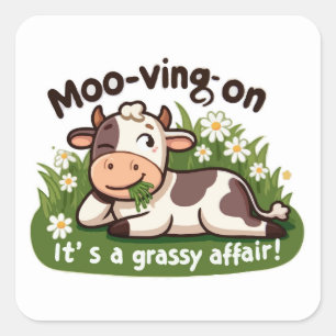 Cute Cow Eating Grass Square Sticker