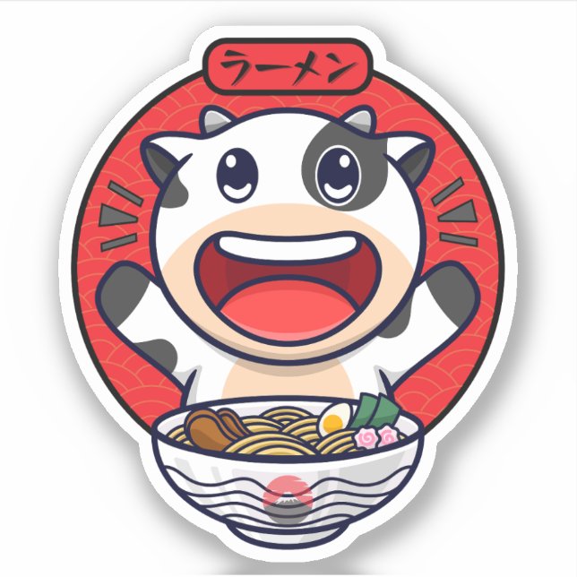 Cute Cow  Eating Ramen Sticker (Front)