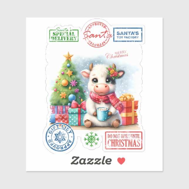 Cute Cow Enjoying Christmas by the Decorated Tree Sticker (Sheet)