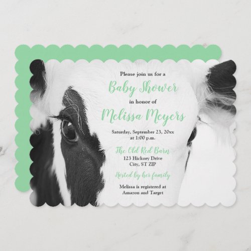 Cute Cow Face Close_up Baby Shower Invite Green