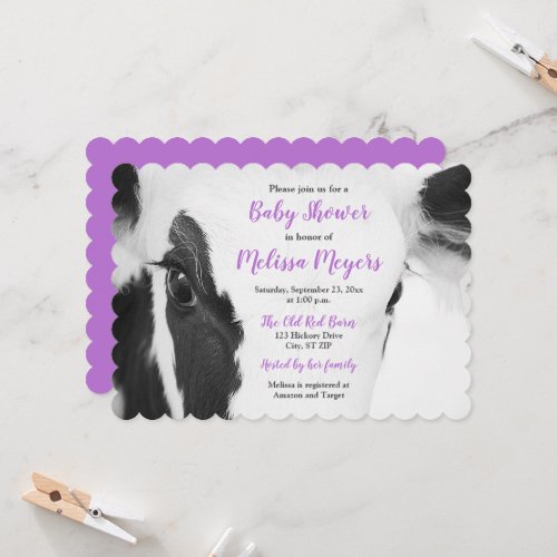Cute Cow Face Close_up Baby Shower Invite Purple