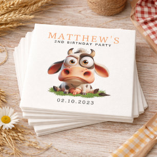 Cute Cow Farm Animals 2nd Birthday Party Napkins