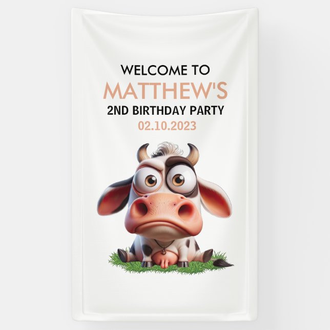 Cute Cow Farm Animals 2nd Birthday Party Welcome Banner (Vertical)