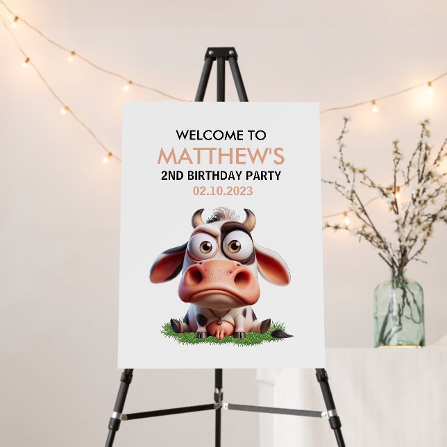 Cute Cow Farm Animals 2nd Birthday Party Welcome Foam Board (In Situ (Stand))