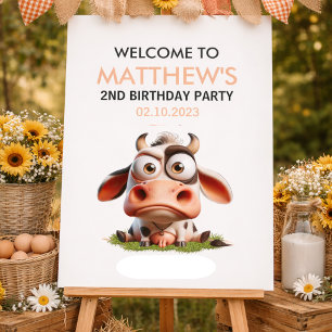Cute Cow Farm Animals 2nd Birthday Party Welcome Foam Board