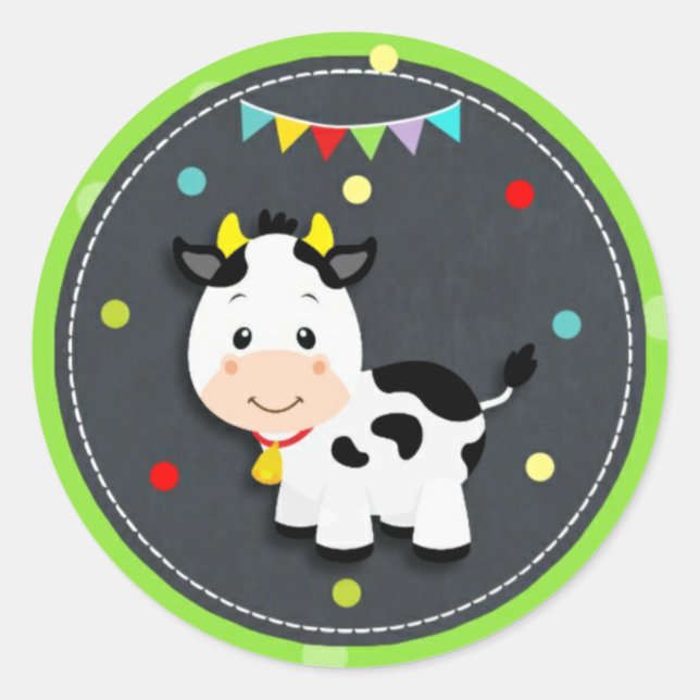 Cute Cow Farm Barnyard Animal Birthday Baby Shower Classic Round Sticker (Front)