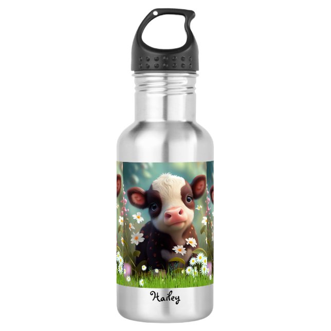 Cute Cow Floral Garden Personalized Name Kids Stainless Steel Water Bottle (Front)
