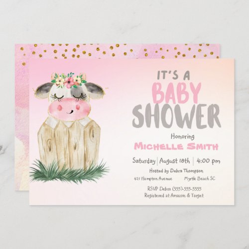 Cute Cow Floral Pink Gold  Invitation