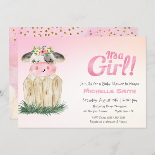 Cute Cow Floral Pink Gold  Invitation