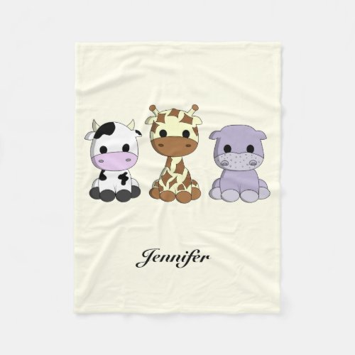 Cute cow giraffe hippo cartoon kids name fleece blanket