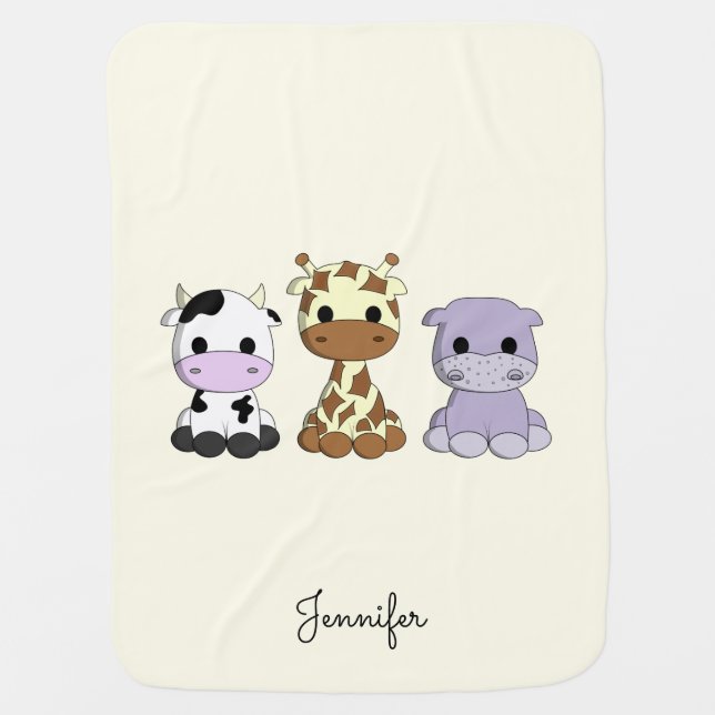 Cute cow giraffe hippo cartoon name baby blanket (Front)
