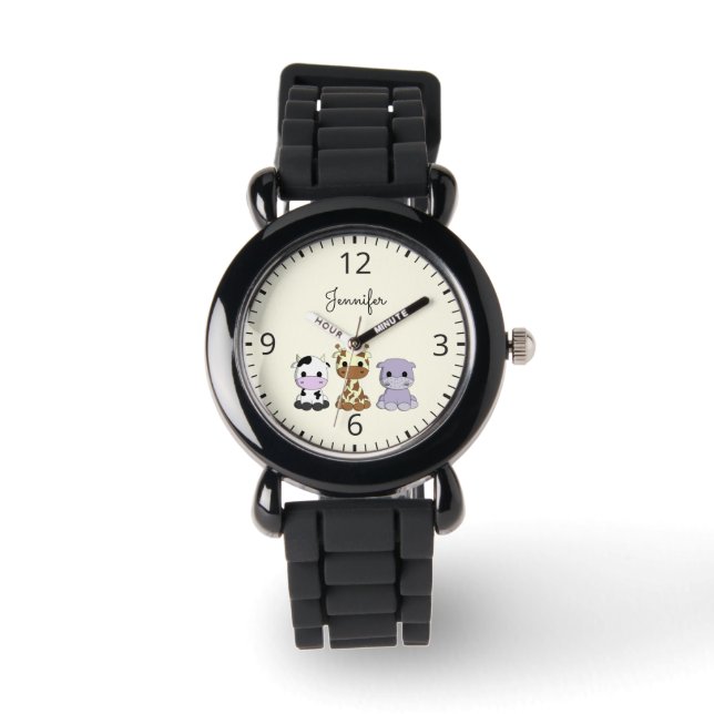 Cute cow giraffe hippo cartoon name kids watch (Front)