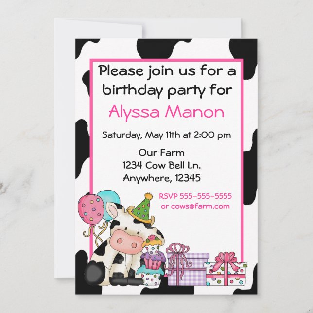 Cute cow girls birthday invitation (Front)