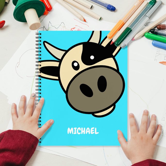 Cute Cow Head | Simple Cartoon Name Monogram Blue Notebook (Creator Uploaded)
