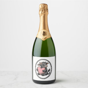 Cute Cow Heart Vintage Engraving Farm Shirt Sparkling Wine Label