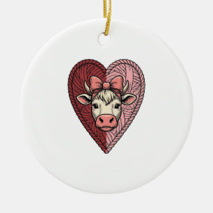 Cute Cow Heart Yarn Vintage Engraving Design_1 Ceramic Ornament