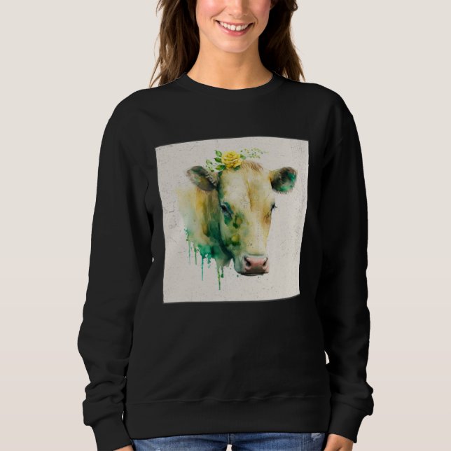 Cute Cow Illustration Flowers Laefy Green Women Me Sweatshirt (Front)