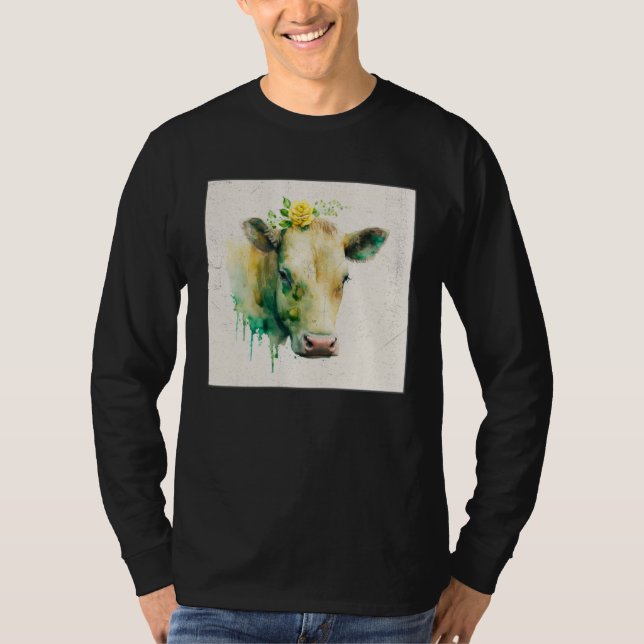 Cute Cow Illustration Flowers Laefy Green Women Me T-Shirt (Front)