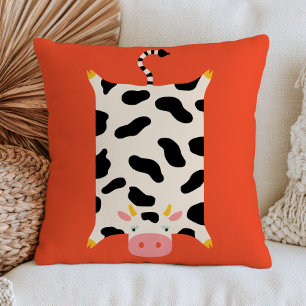Cute Cow Illustration on Burnt Orange Quirky Throw Pillow