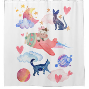 Cute Cow in Airplane,Space, Cats, Moon,Stars Shower Curtain