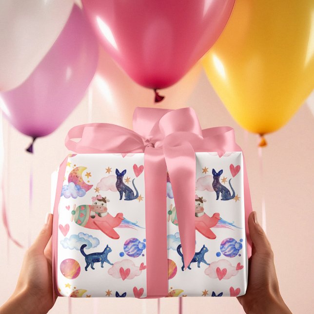 Cute Cow in Airplane,Space, Cats, Moon, Whimsical Wrapping Paper (Creator Uploaded)