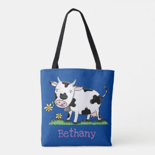 Cute cow in field cartoon illustration tote bag