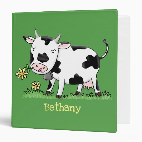 Cute cow in green field cartoon illustration 3 ring binder