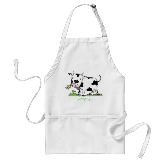 Cute cow in green field cartoon illustration adult apron (Front)