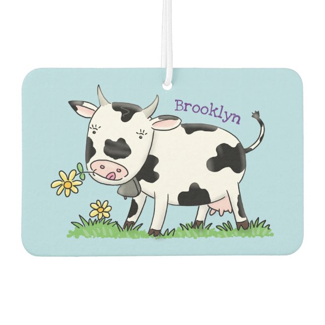 Cute cow in green field cartoon illustration air freshener (Front)
